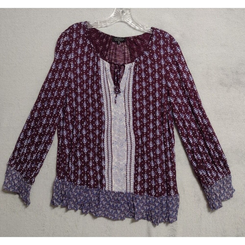 Lucky Brand Shirt Blouse Burgundy Blue Boho Prints Ruffle Top Sz M, EUC!